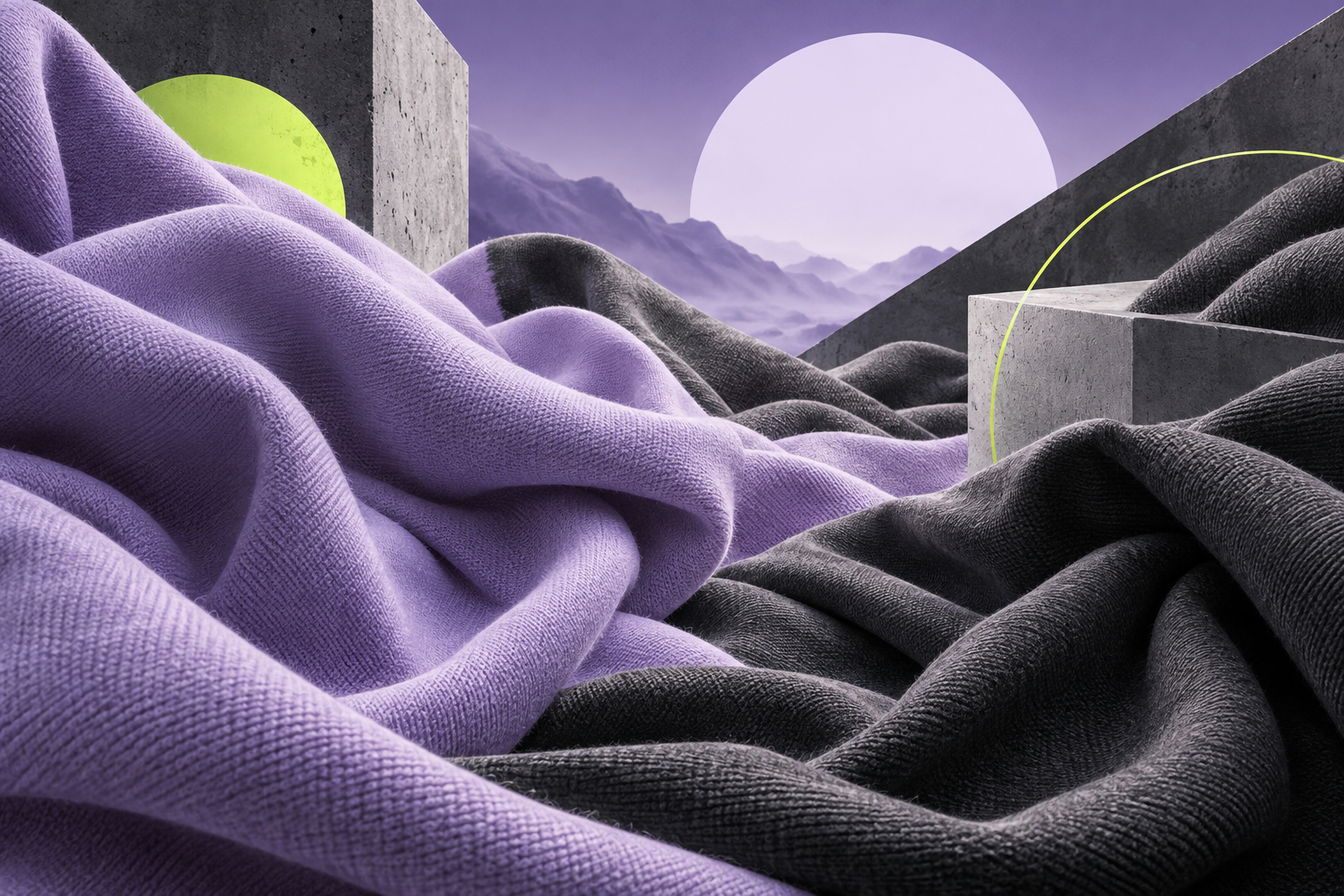 lavender and graphite cotton folds with lime geometric accents, dynamic streetwear editorial abstract, no garments